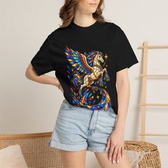 Moon Jump Pegasus Tee worn Printify context view on a Black Comfort Colors 1717 tee