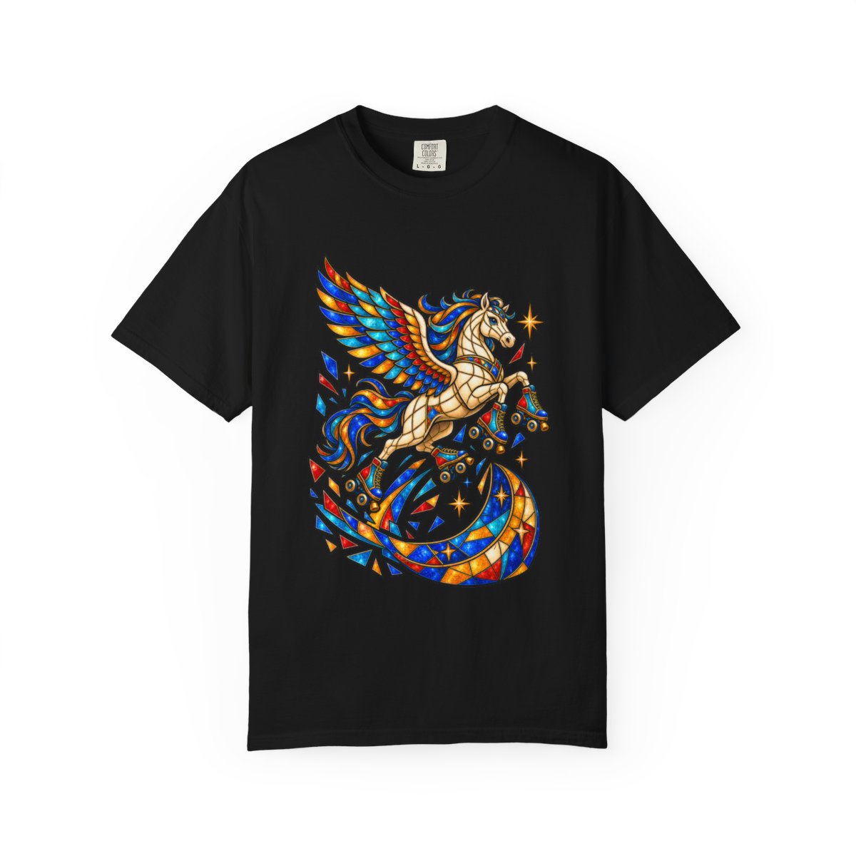 Moon Jump Pegasus Tee large front print on a Black Comfort Colors 1717 tee
