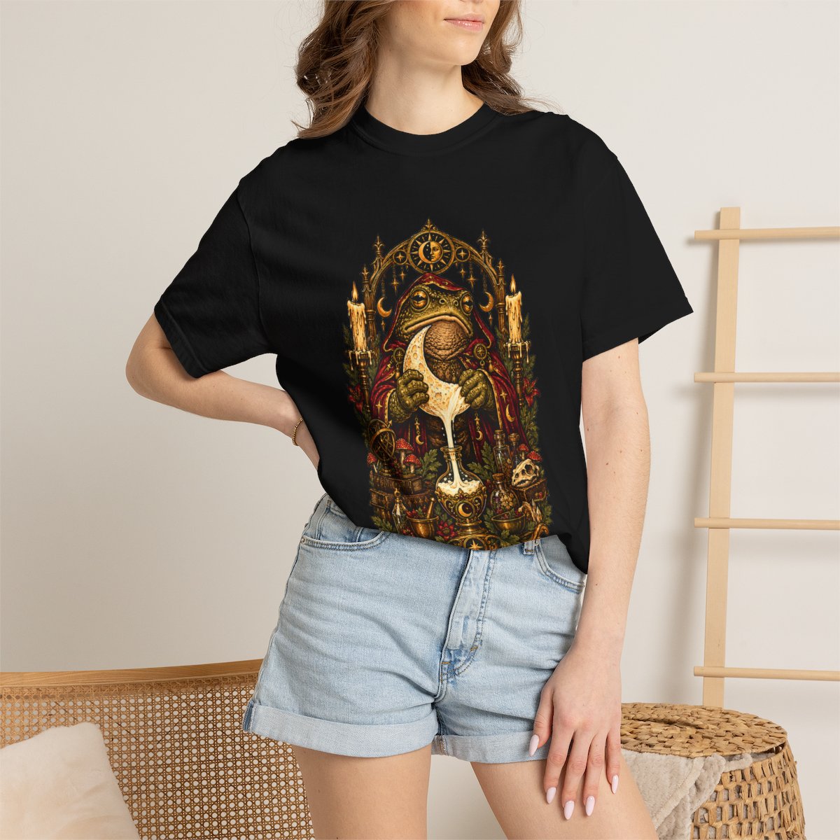 Moonmilk Toad Tee worn Printify context view on a Black Comfort Colors 1717 tee