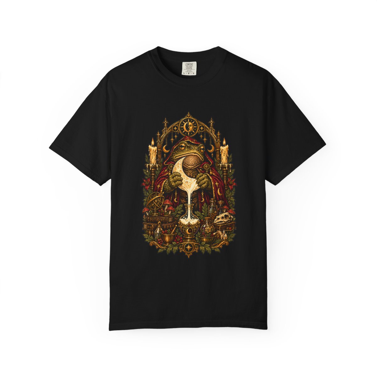 Moonmilk Toad Tee large front print on a Black Comfort Colors 1717 tee