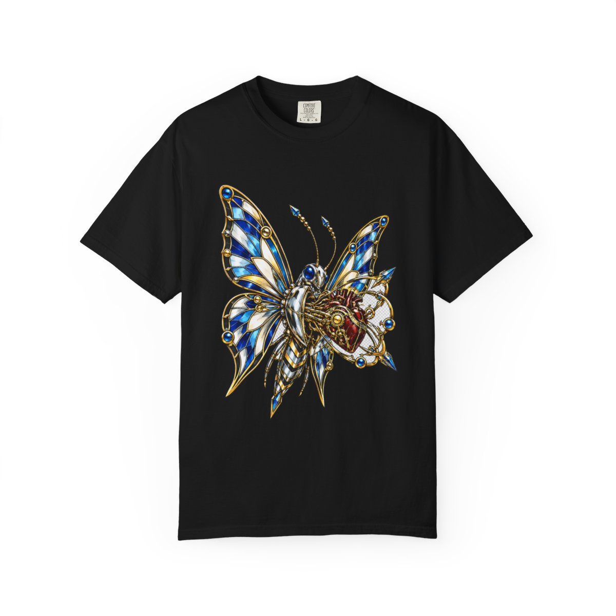 Glasswing Heart Tee large front print on a Black Comfort Colors 1717 tee