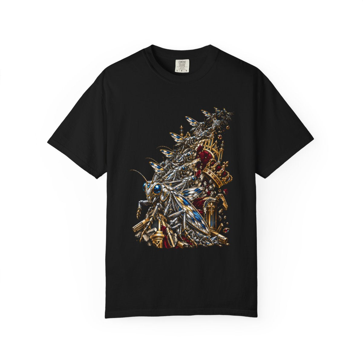 Locust Throne Tee large front print on a Black Comfort Colors 1717 tee