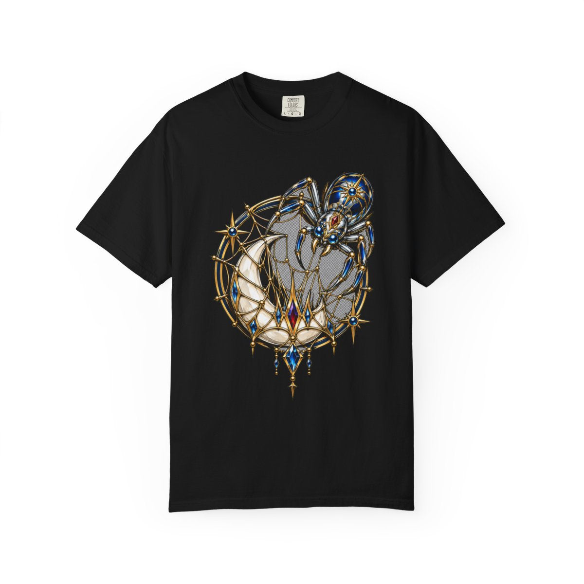 Moonweb Tee large front print on a Black Comfort Colors 1717 tee