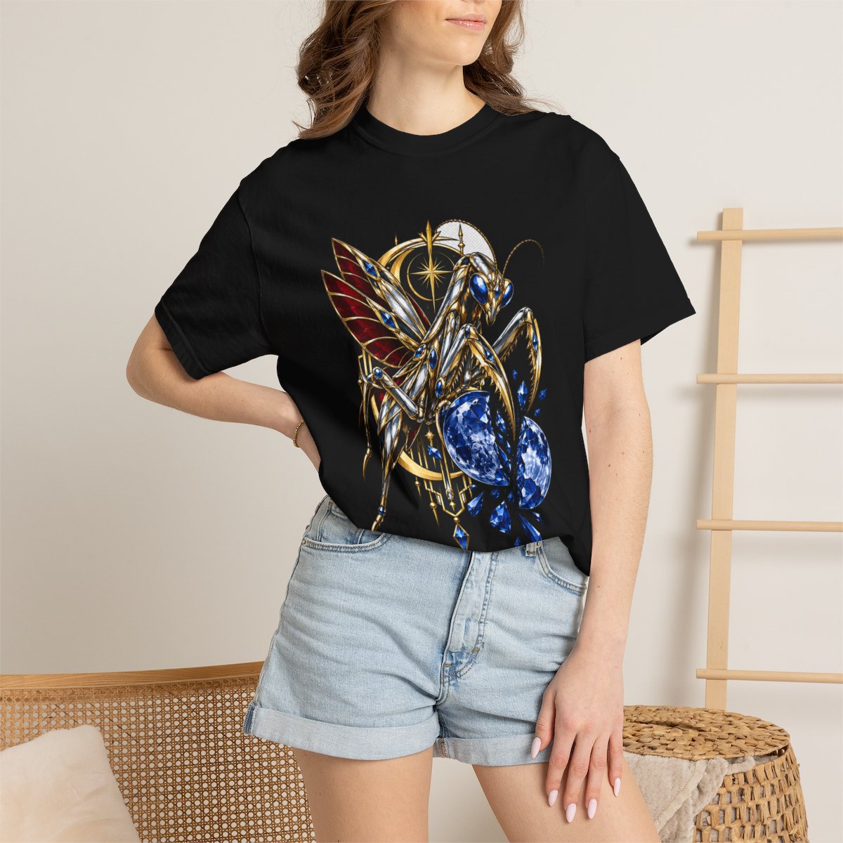 Velvet Guillotine Tee worn Printify context view on a Black Comfort Colors 1717 tee