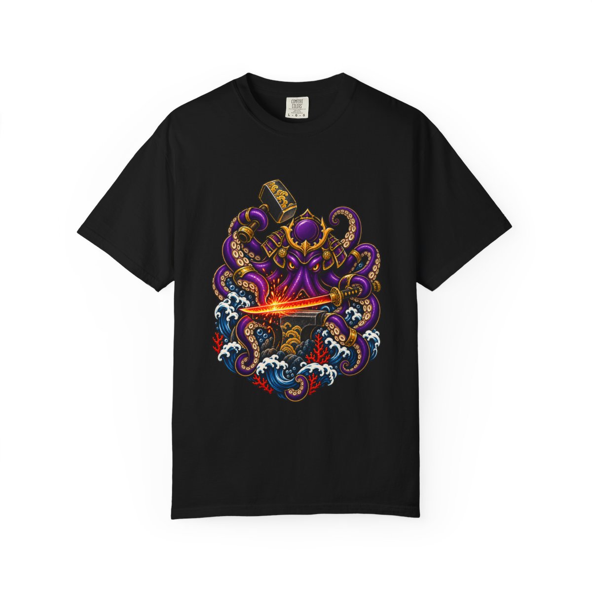 Kraken Forge Tee large front print on a Black Comfort Colors 1717 tee