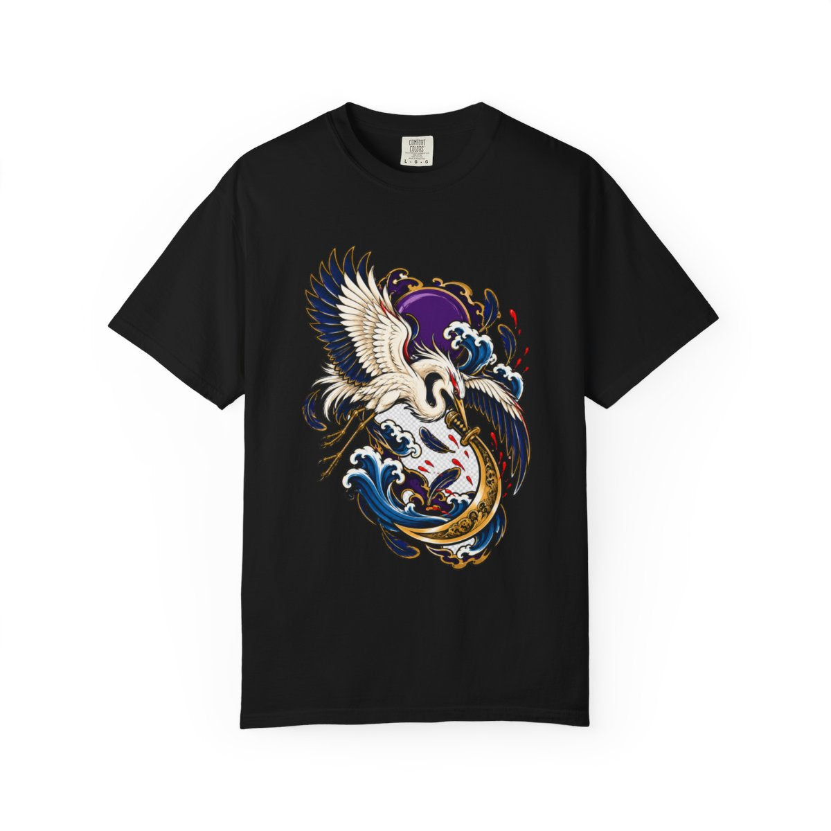 Moonblade Heron Tee large front print on a Black Comfort Colors 1717 tee