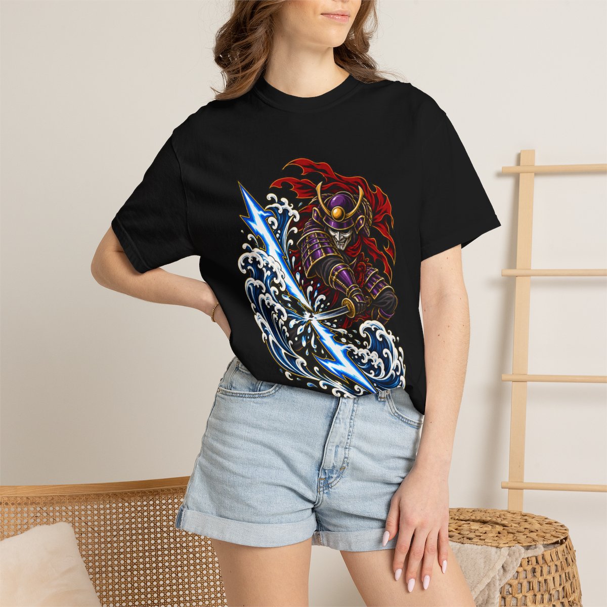 Storm Ronin Tee worn Printify context view on a Black Comfort Colors 1717 tee