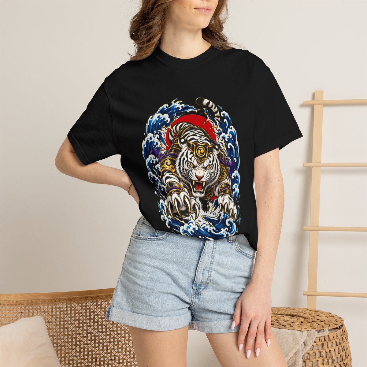 Typhoon Tiger Tee worn Printify context view on a Black Comfort Colors 1717 tee
