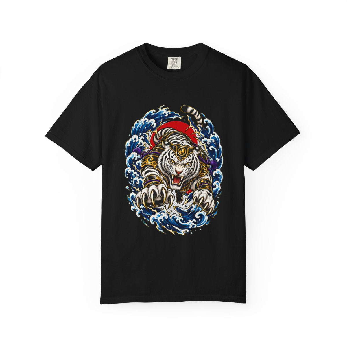 Typhoon Tiger Tee large front print on a Black Comfort Colors 1717 tee