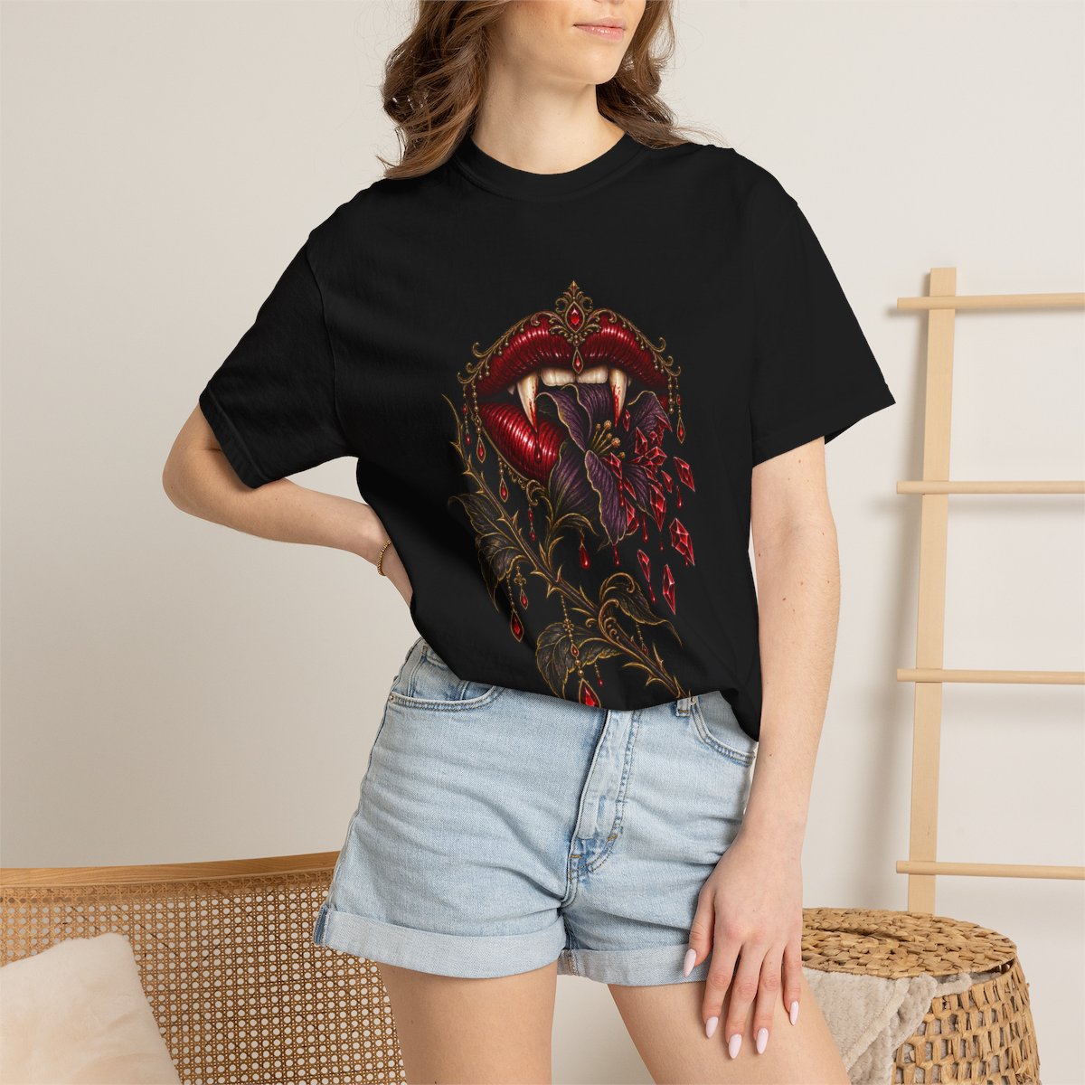 Belladonna Bite Tee worn Printify context view on a Black Comfort Colors 1717 tee
