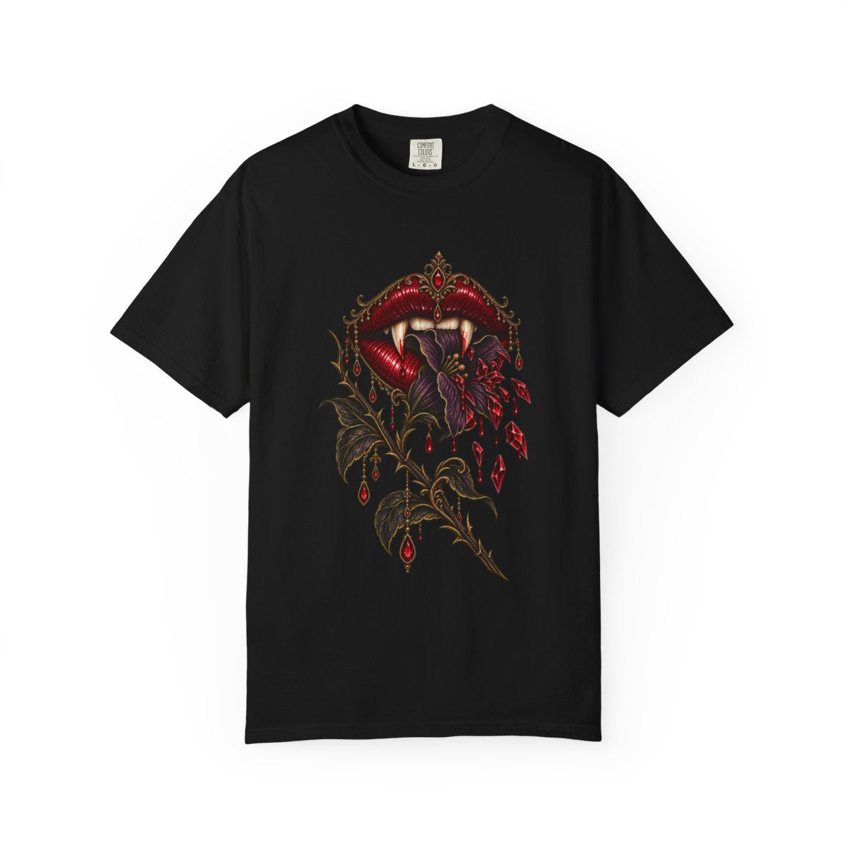 Belladonna Bite Tee large front print on a Black Comfort Colors 1717 tee