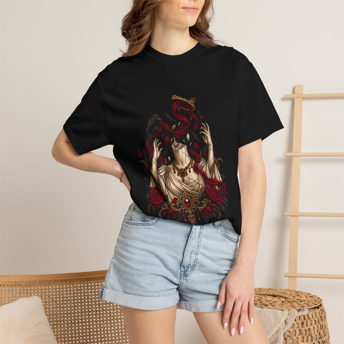 Empty Crown Tee worn Printify context view on a Black Comfort Colors 1717 tee