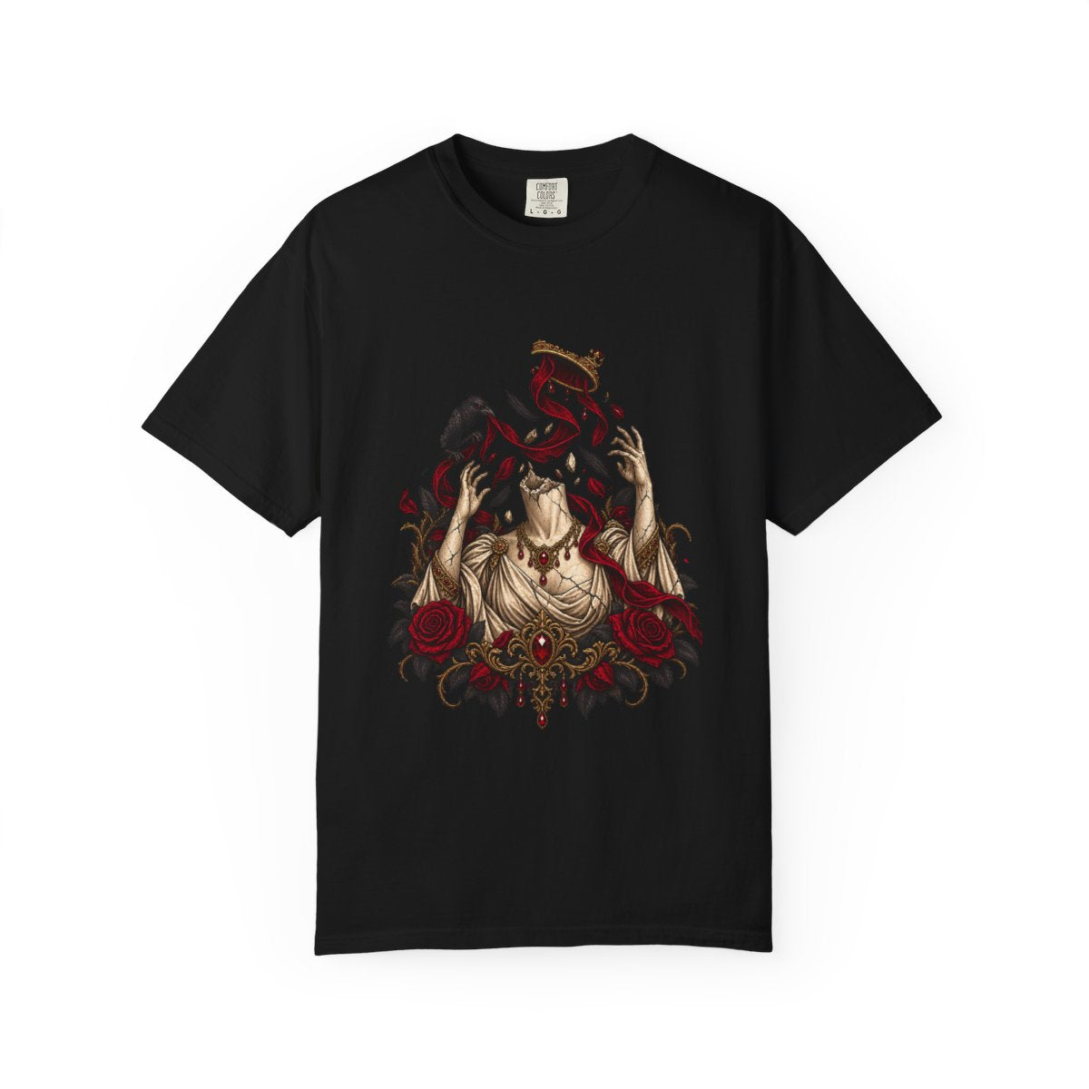 Empty Crown Tee large front print on a Black Comfort Colors 1717 tee