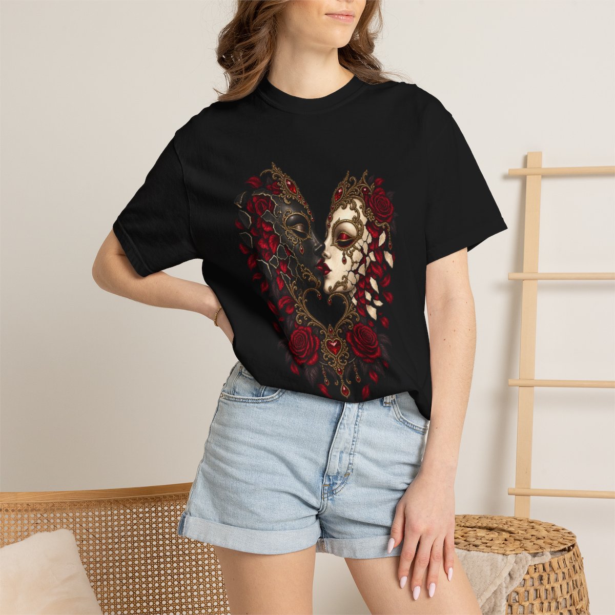 Final Masque Tee worn Printify context view on a Black Comfort Colors 1717 tee
