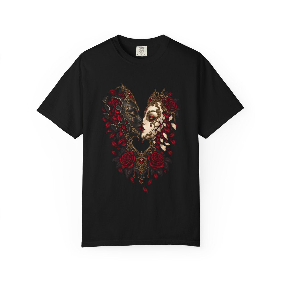 Final Masque Tee large front print on a Black Comfort Colors 1717 tee