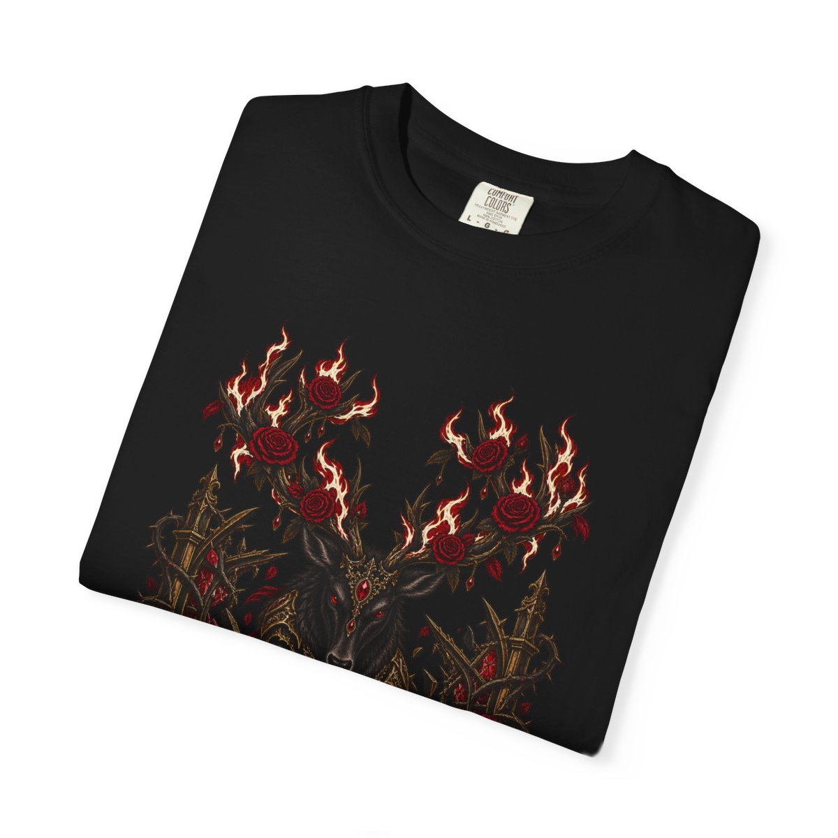 Rosefire Stag Tee folded front print detail