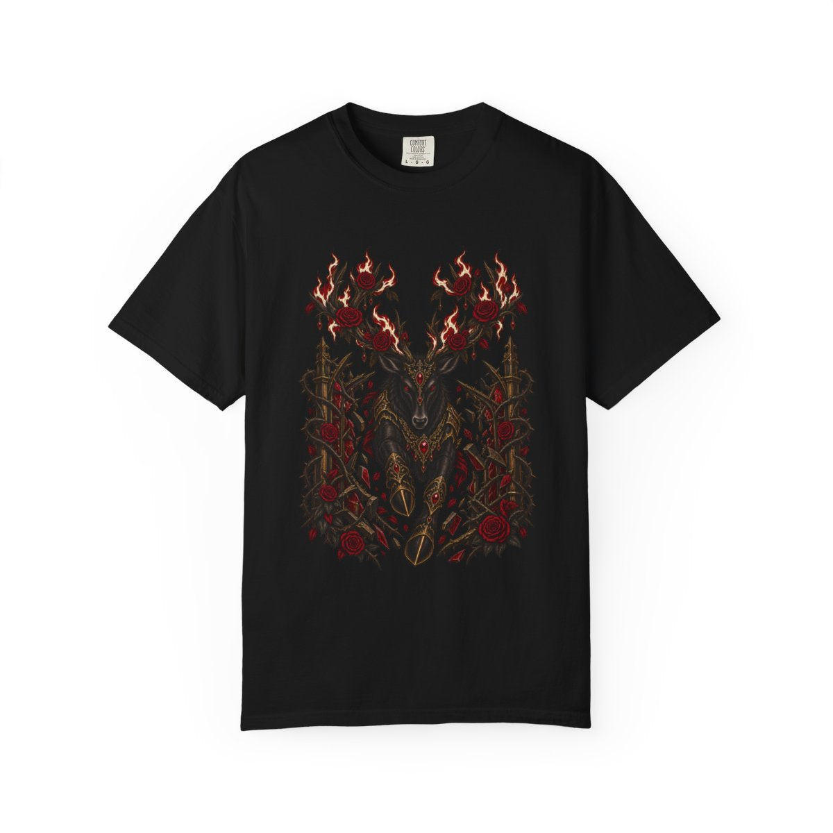 Rosefire Stag Tee large front print on a Black Comfort Colors 1717 tee