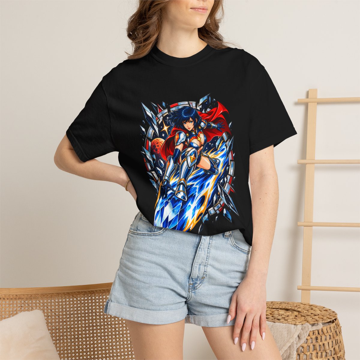 Comet Rider Tee worn Printify context view on a Black Comfort Colors 1717 tee
