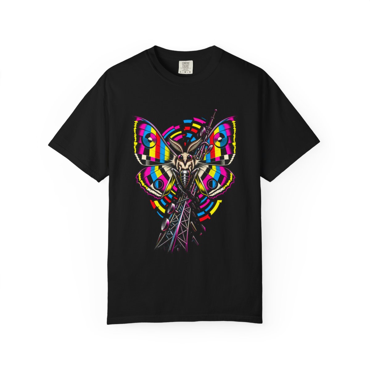 Broadcast Moth Tee large front print on a Black Comfort Colors 1717 tee