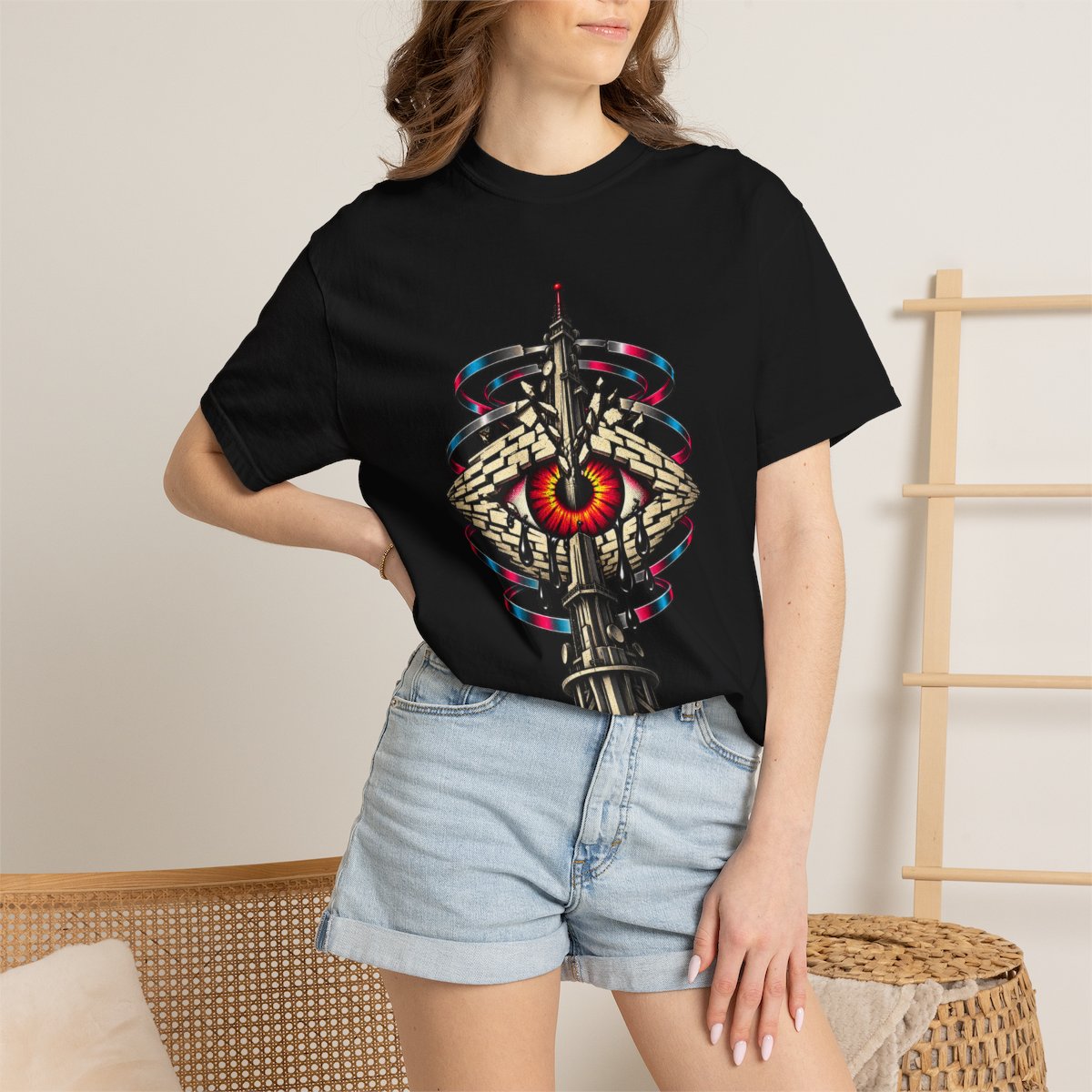 Channel Zero Tee worn Printify context view on a Black Comfort Colors 1717 tee