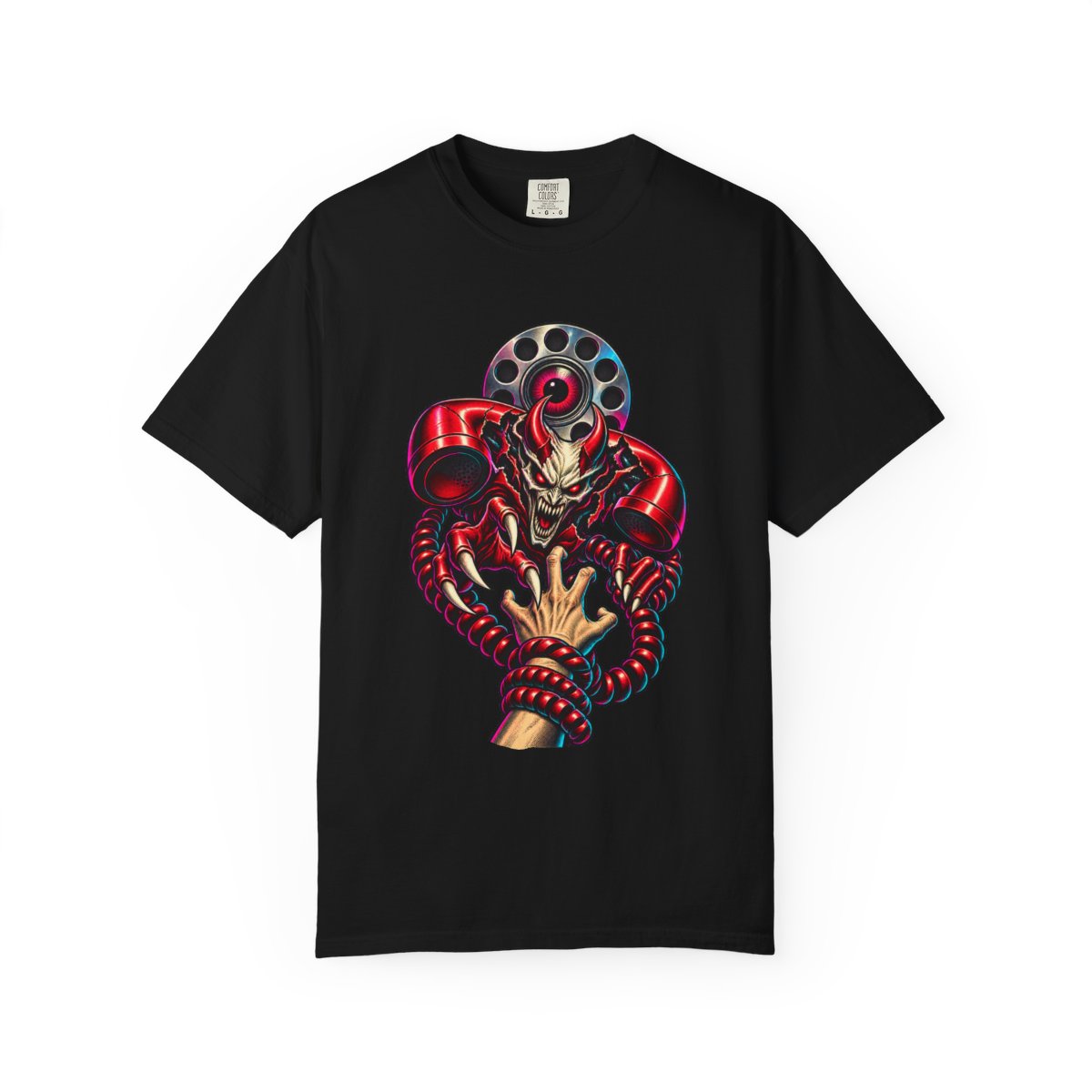 Dialtone Devil Tee large front print on a Black Comfort Colors 1717 tee
