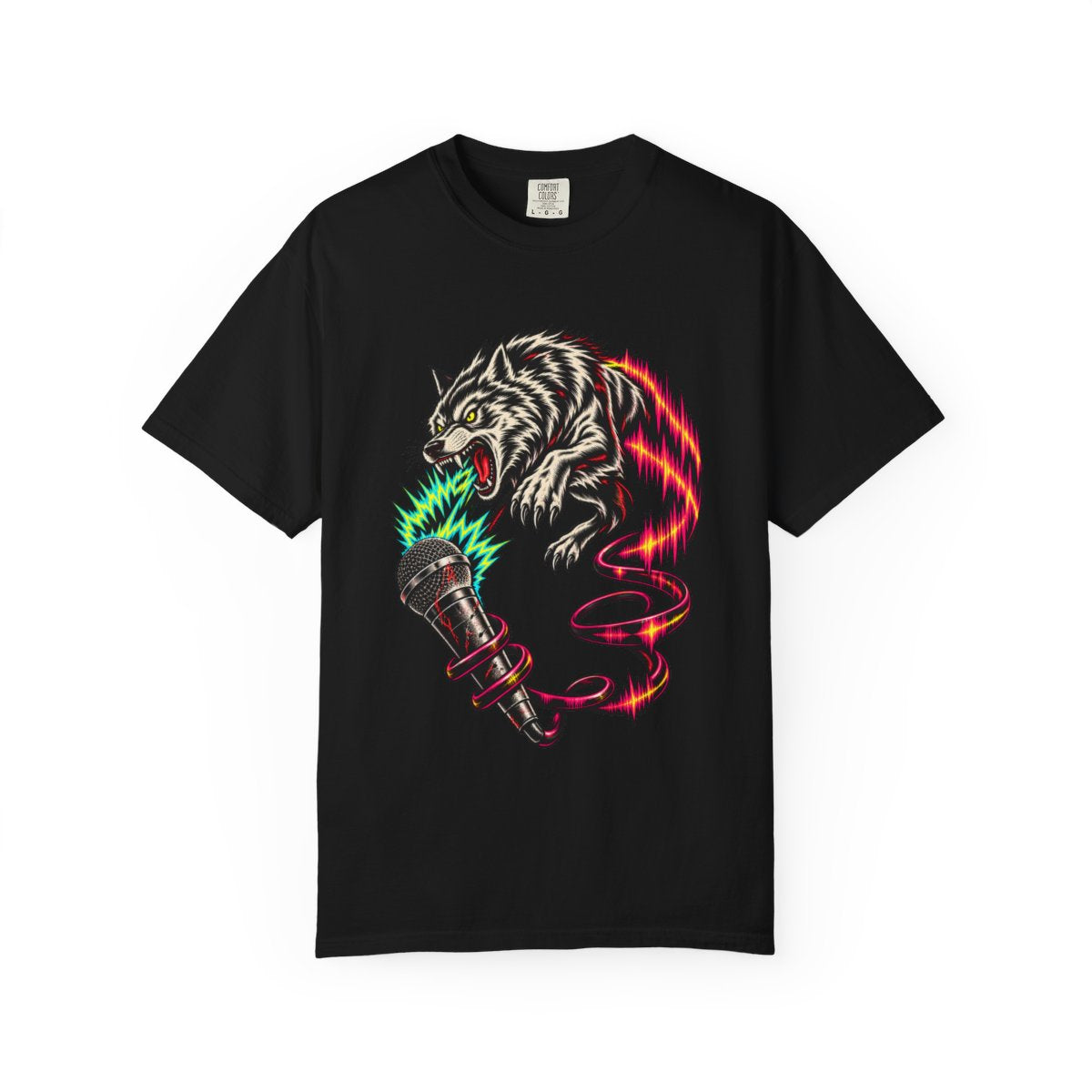 Feedback Wolf Tee large front print on a Black Comfort Colors 1717 tee