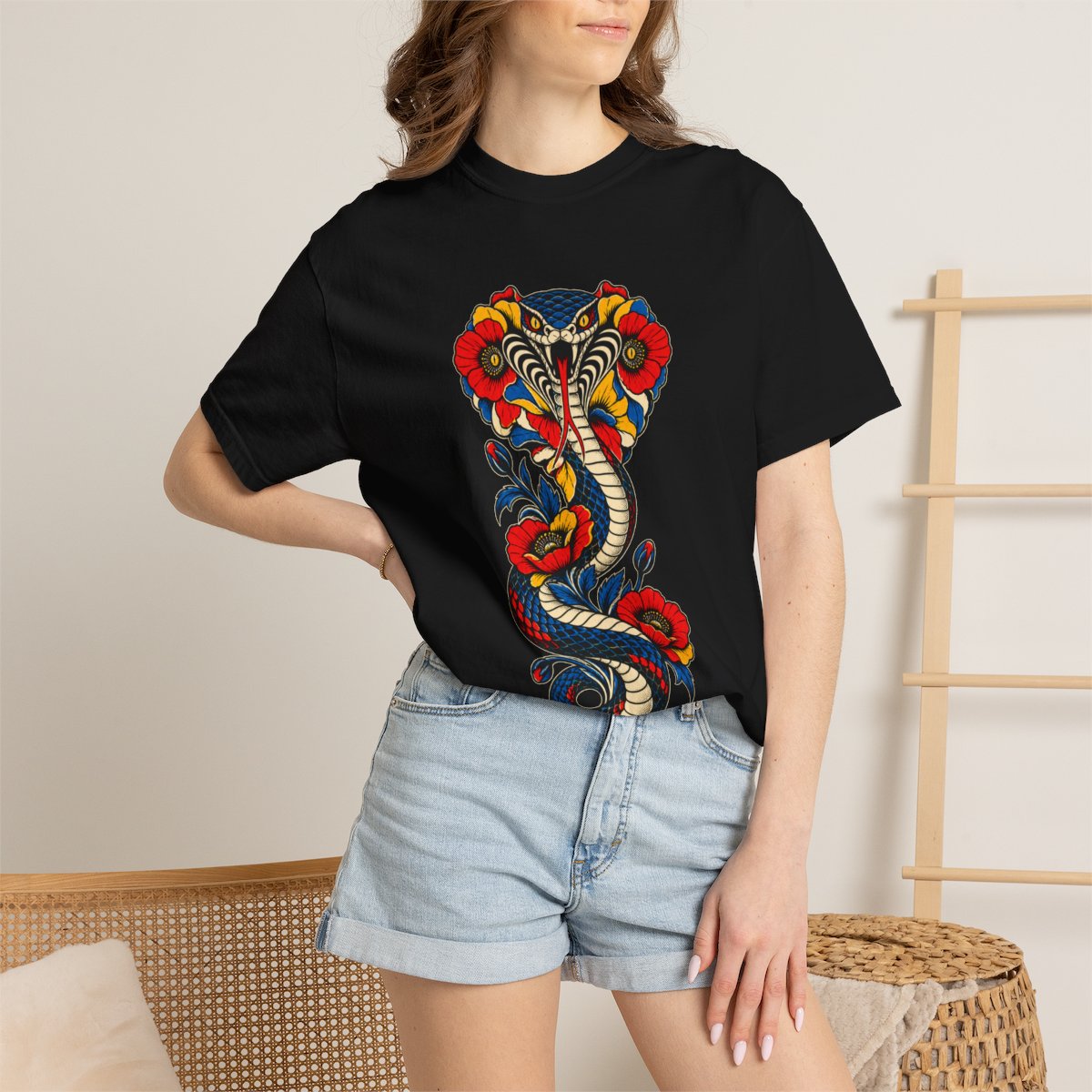 Cobra Bloom Tee worn Printify context view on a Black Comfort Colors 1717 tee