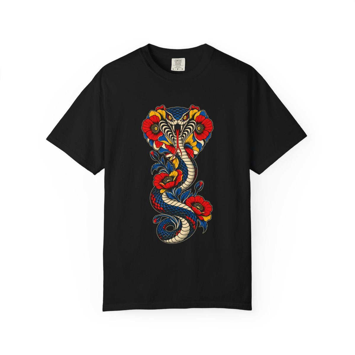 Cobra Bloom Tee large front print on a Black Comfort Colors 1717 tee