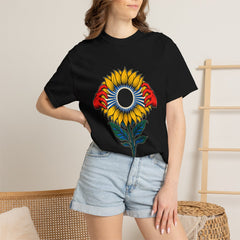 Eclipse Bloom Tee worn Printify context view on a Black Comfort Colors 1717 tee