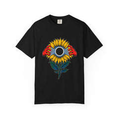 Eclipse Bloom Tee large front print on a Black Comfort Colors 1717 tee