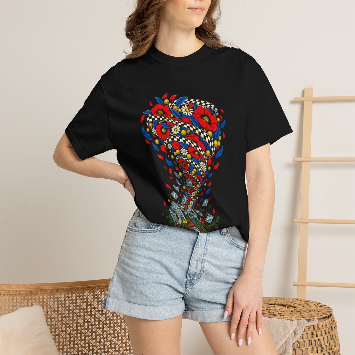 Garden Cyclone Tee worn Printify context view on a Black Comfort Colors 1717 tee