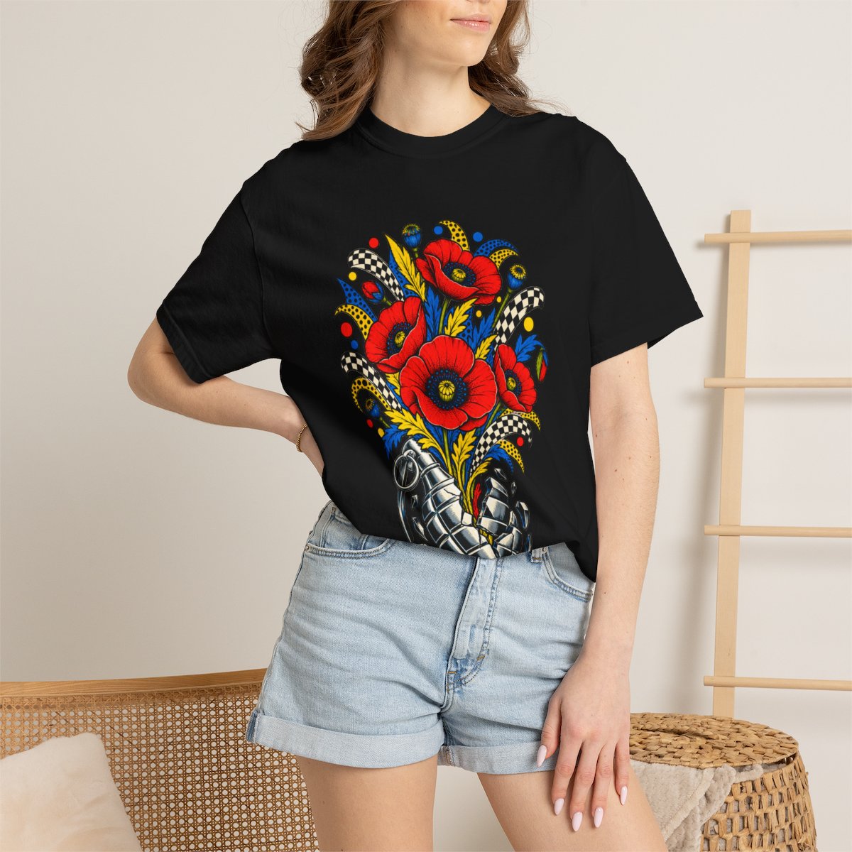 Petal Detonator Tee worn Printify context view on a Black Comfort Colors 1717 tee
