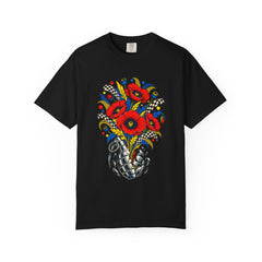 Petal Detonator Tee large front print on a Black Comfort Colors 1717 tee