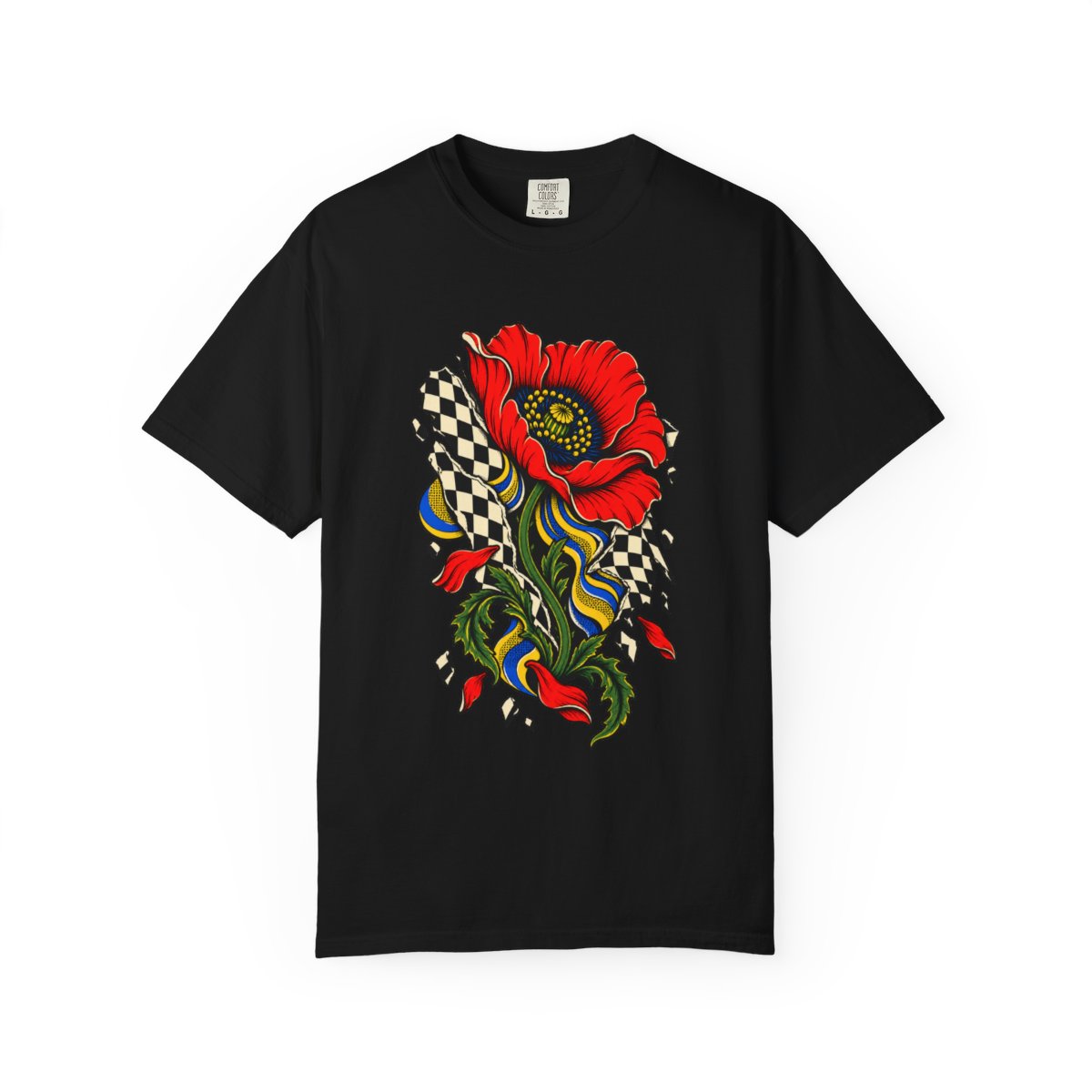 Poppy Breakout Tee large front print on a Black Comfort Colors 1717 tee