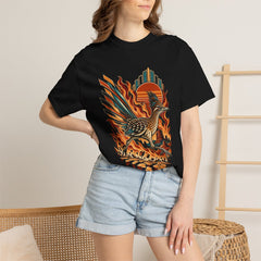 Fire Runner Tee worn Printify context view on a Black Comfort Colors 1717 tee