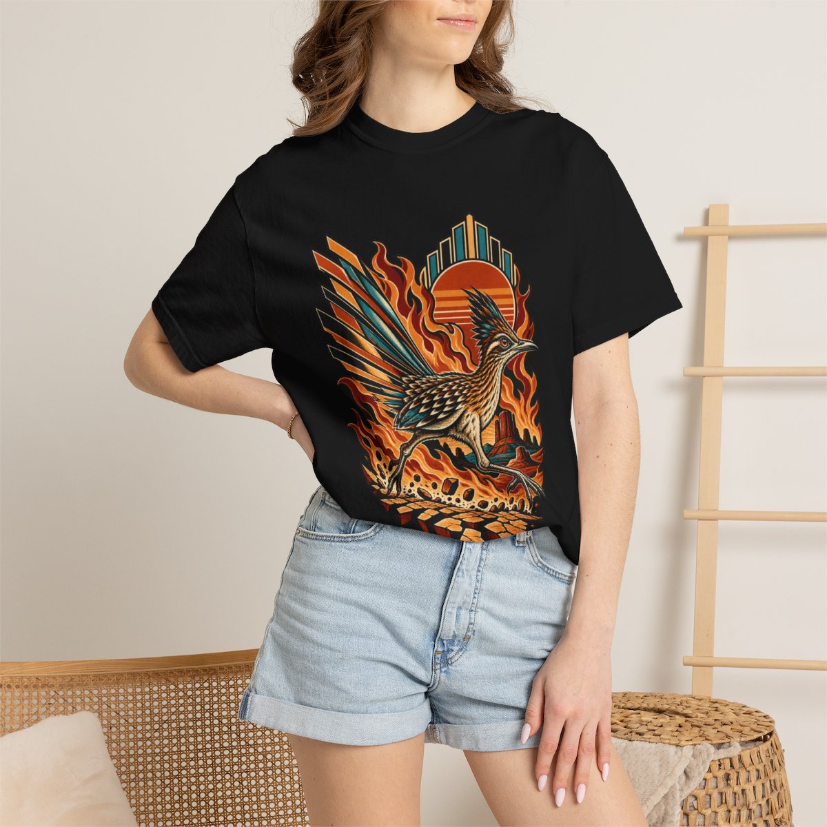 Fire Runner Tee worn Printify context view on a Black Comfort Colors 1717 tee