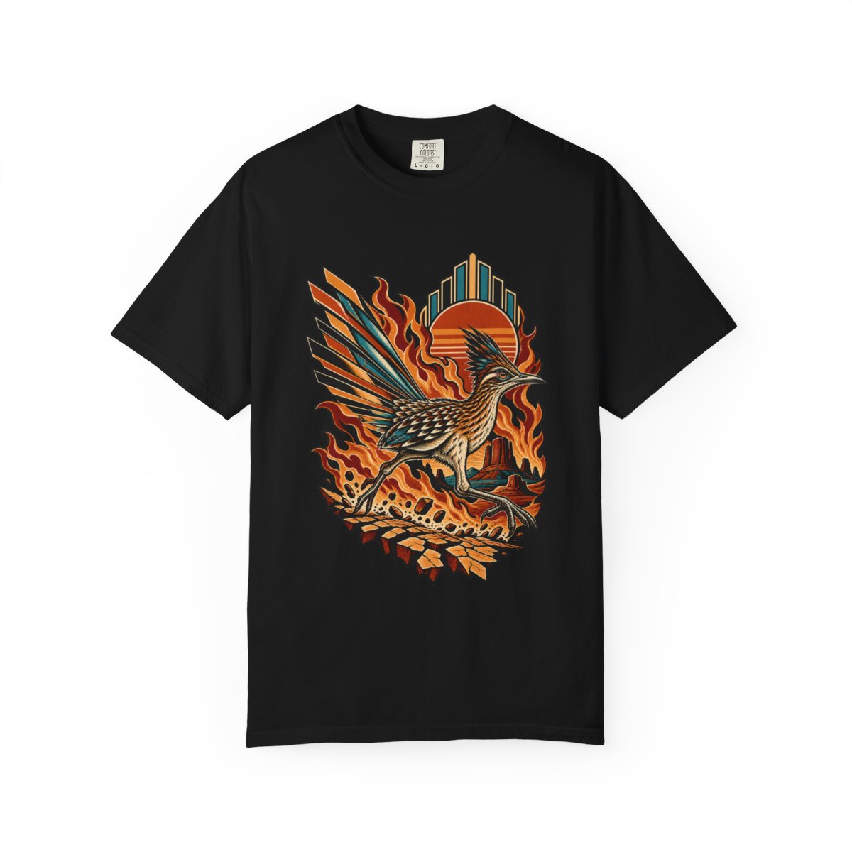 Fire Runner Tee large front print on a Black Comfort Colors 1717 tee