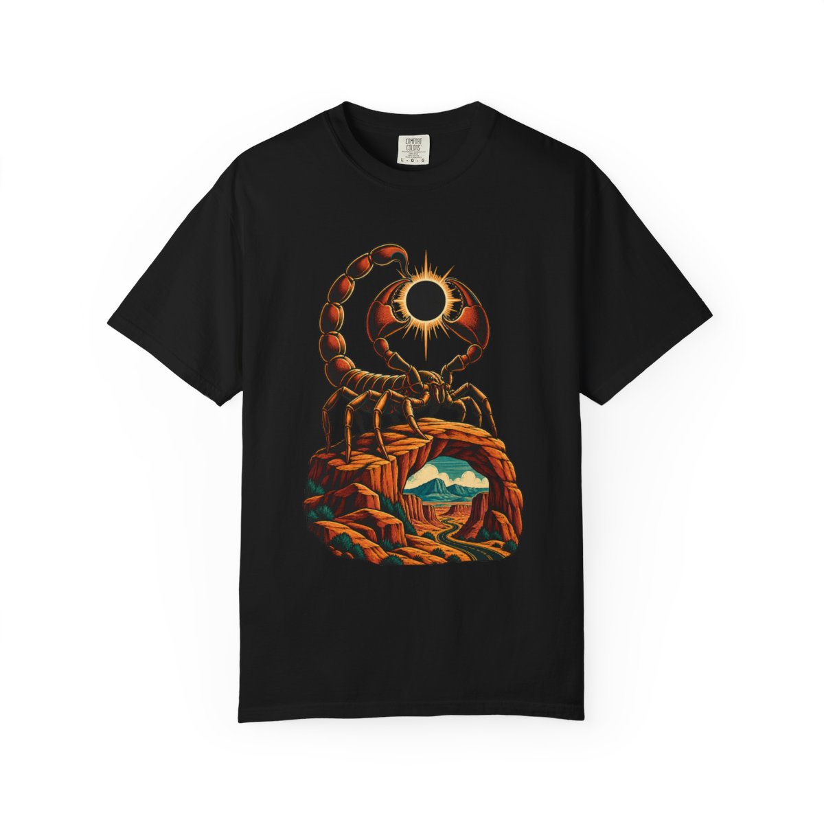 Scorpion Eclipse Tee large front print on a Black Comfort Colors 1717 tee