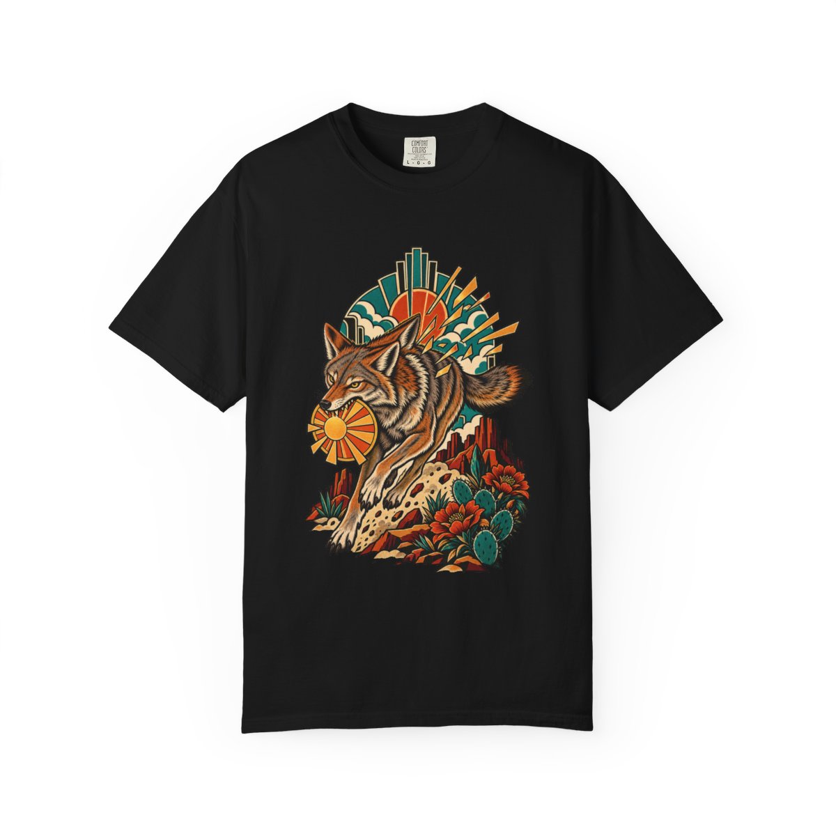 Sun Thief Tee large front print on a Black Comfort Colors 1717 tee