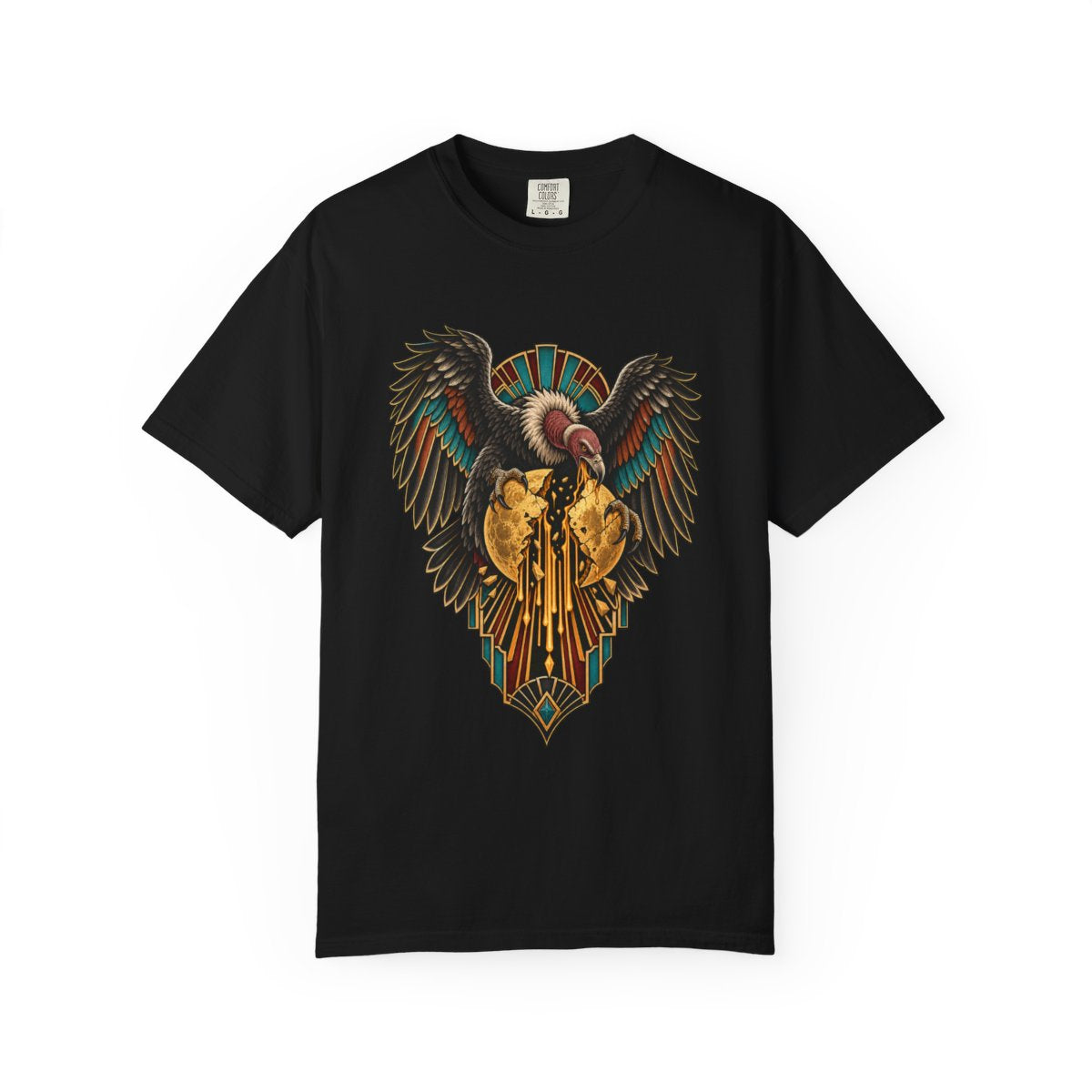 Vulture Gold Tee large front print on a Black Comfort Colors 1717 tee