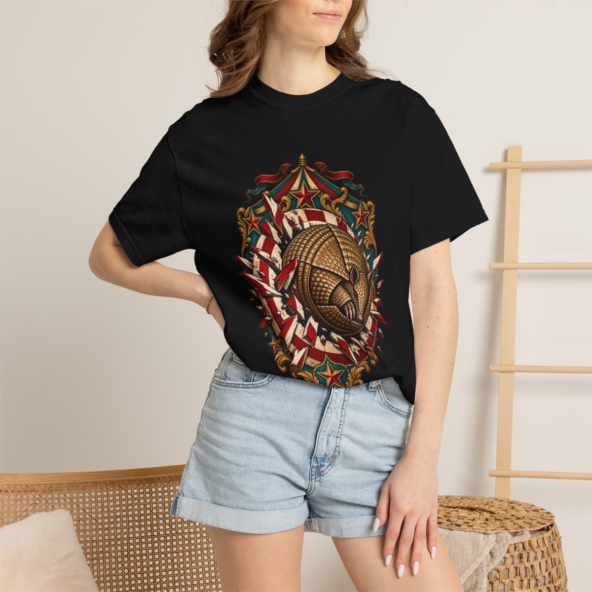 Cannonball Armadillo Tee worn Printify context view on a Black Comfort Colors 1717 tee