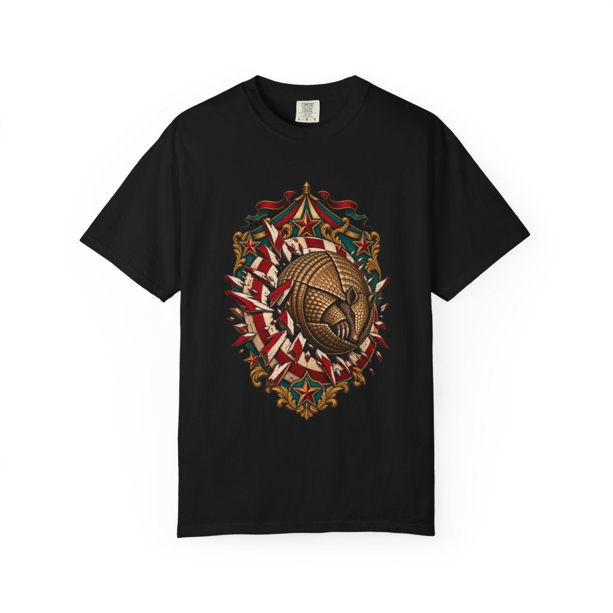 Cannonball Armadillo Tee large front print on a Black Comfort Colors 1717 tee