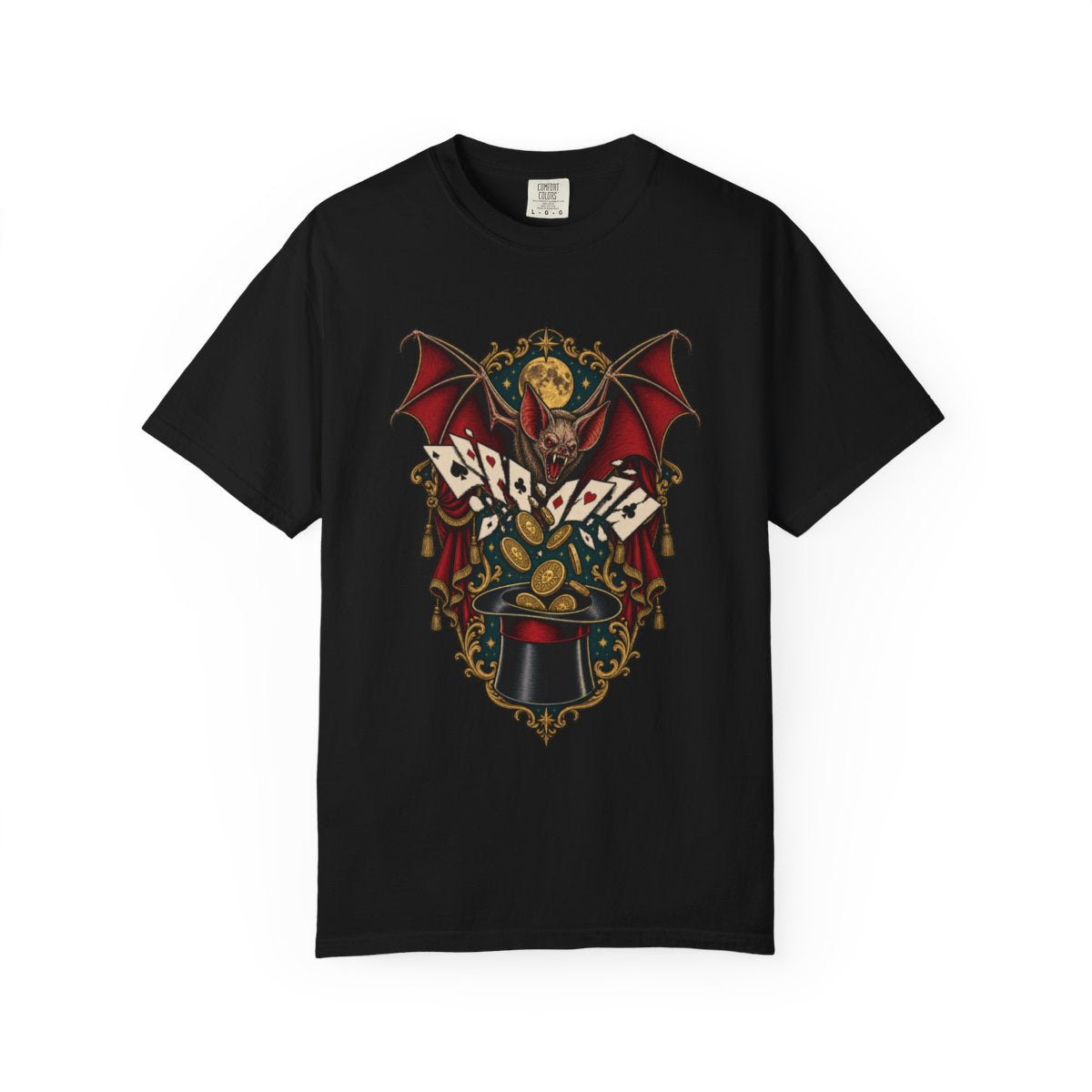 Cardsharp Bat Tee large front print on a Black Comfort Colors 1717 tee