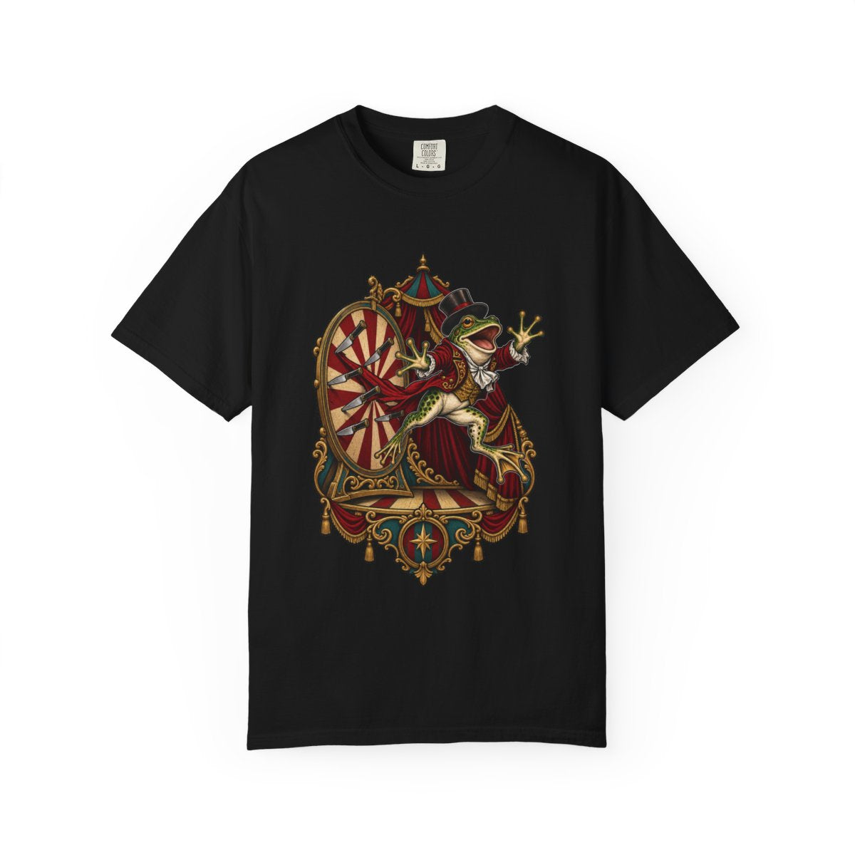 Knife Wheel Frog Tee large front print on a Black Comfort Colors 1717 tee