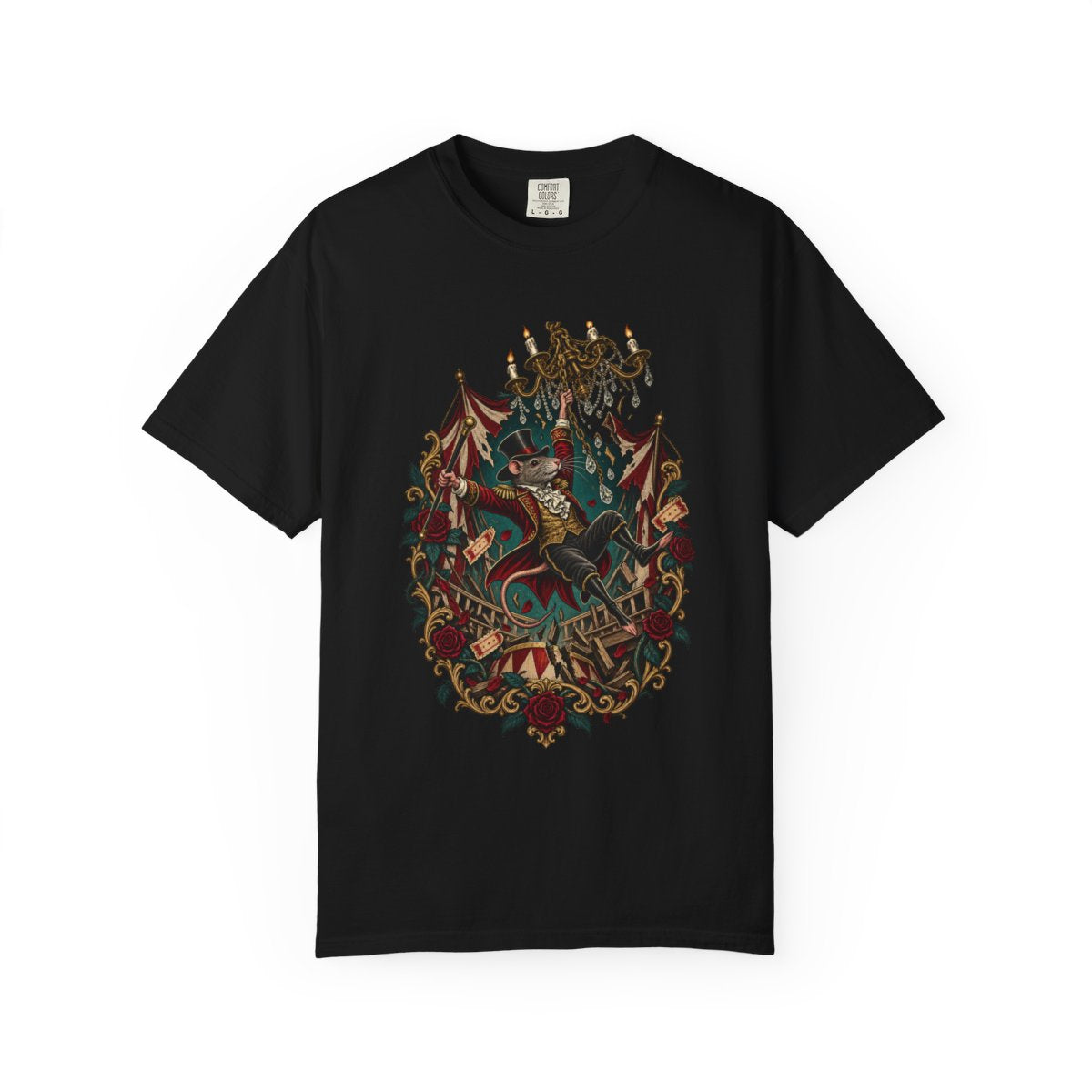 Ringmaster Rat Tee large front print on a Black Comfort Colors 1717 tee
