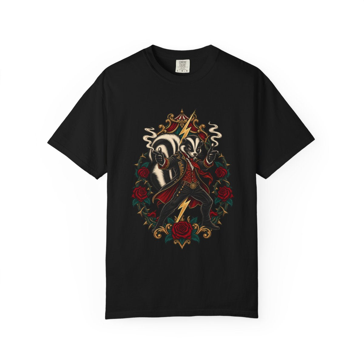 Skunk Standoff Tee large front print on a Black Comfort Colors 1717 tee
