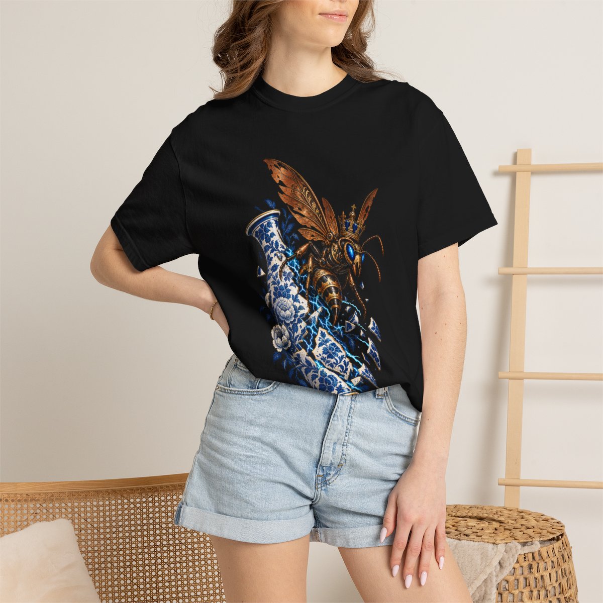 Queen Current Tee worn Printify context view on a Black Comfort Colors 1717 tee