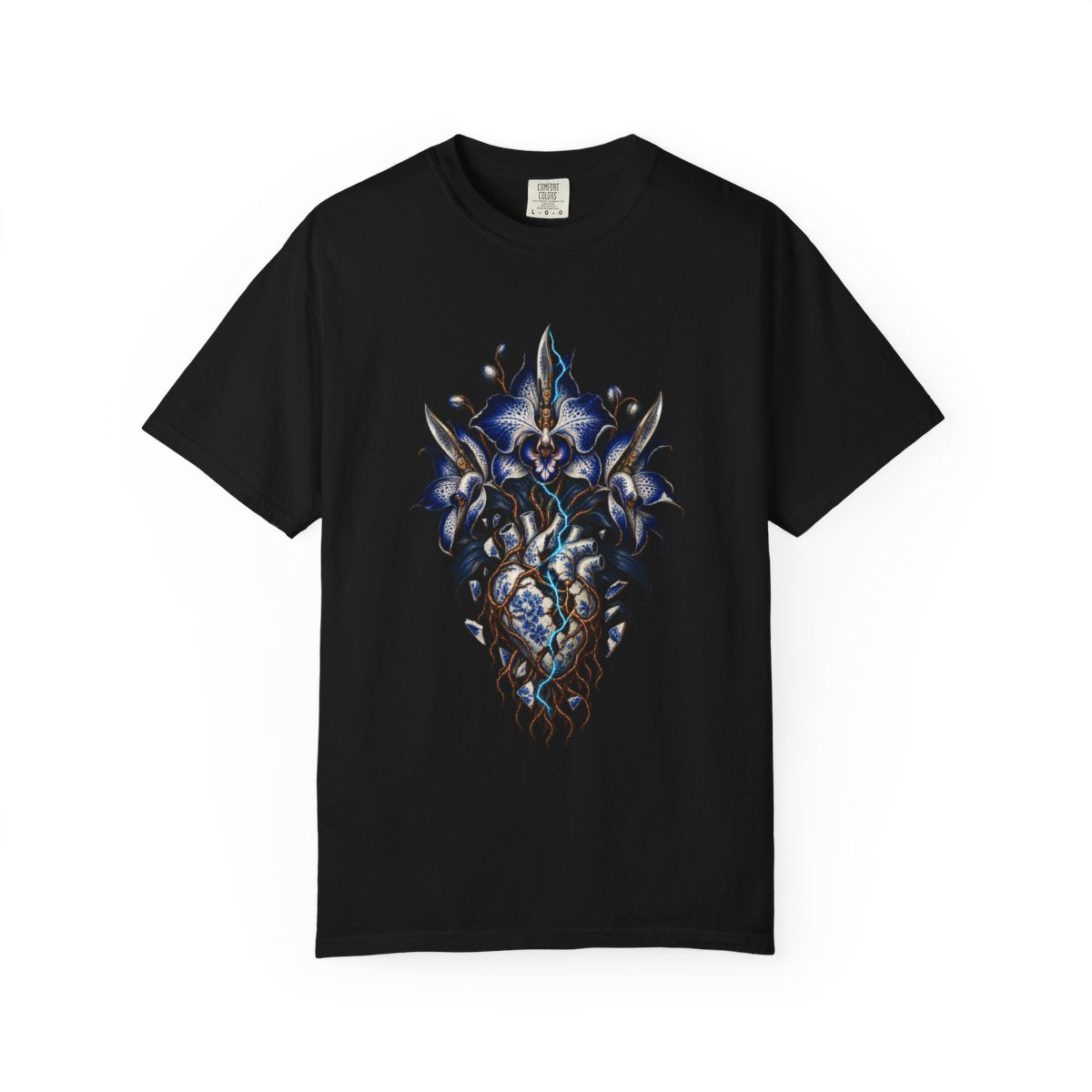 Switchblade Orchid Tee large front print on a Black Comfort Colors 1717 tee