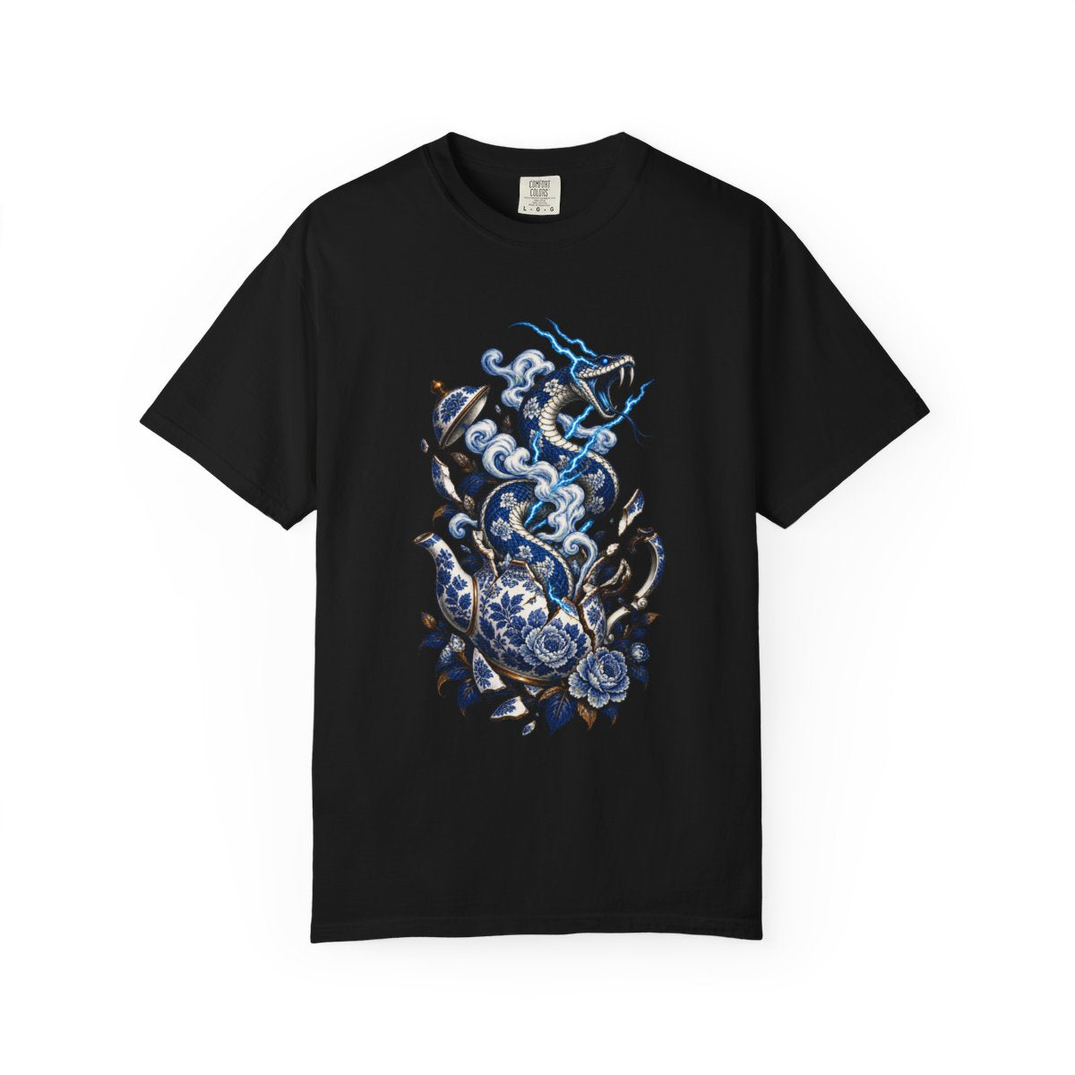 Teapot Strike Tee large front print on a Black Comfort Colors 1717 tee