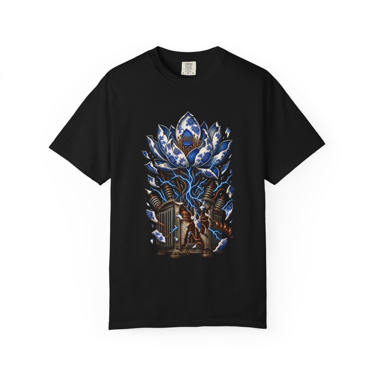 Thunder Lotus Tee large front print on a Black Comfort Colors 1717 tee